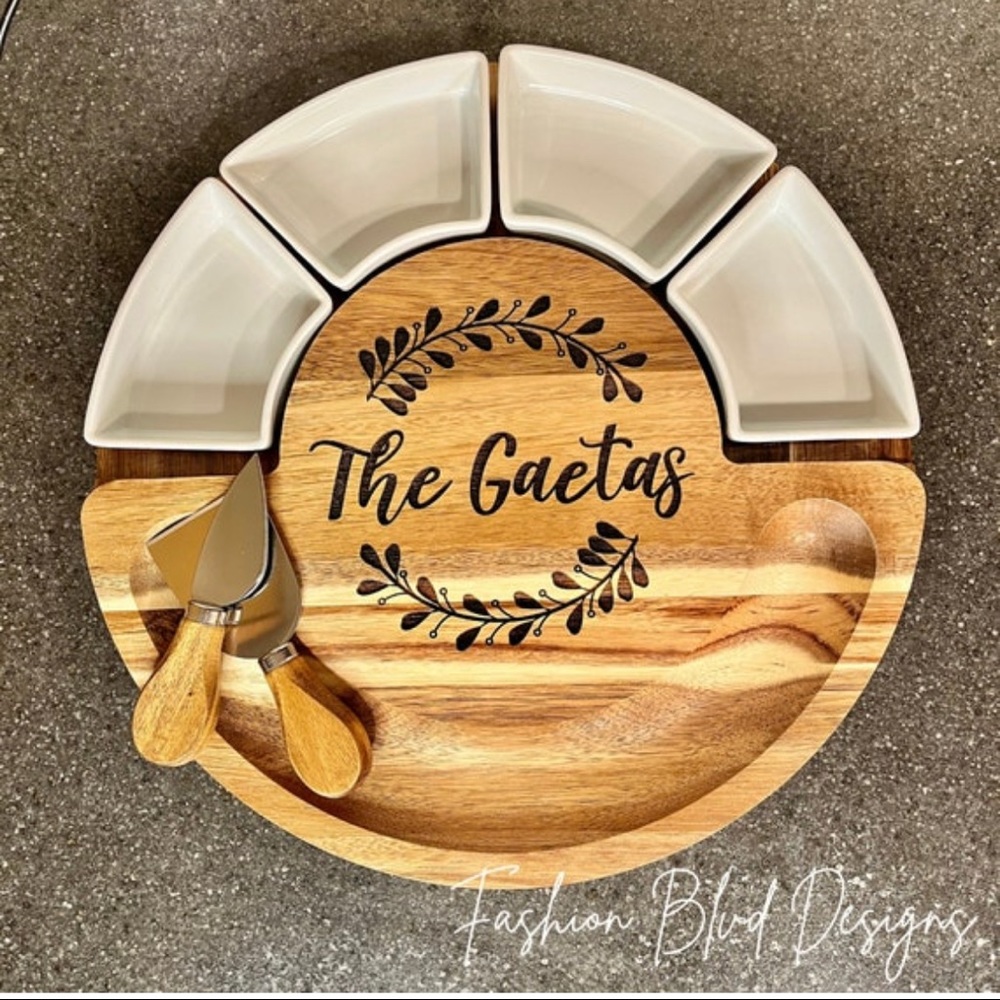 Custom Personalized Last Name Charcuterie Board with Utensils & Ceramic Bowls